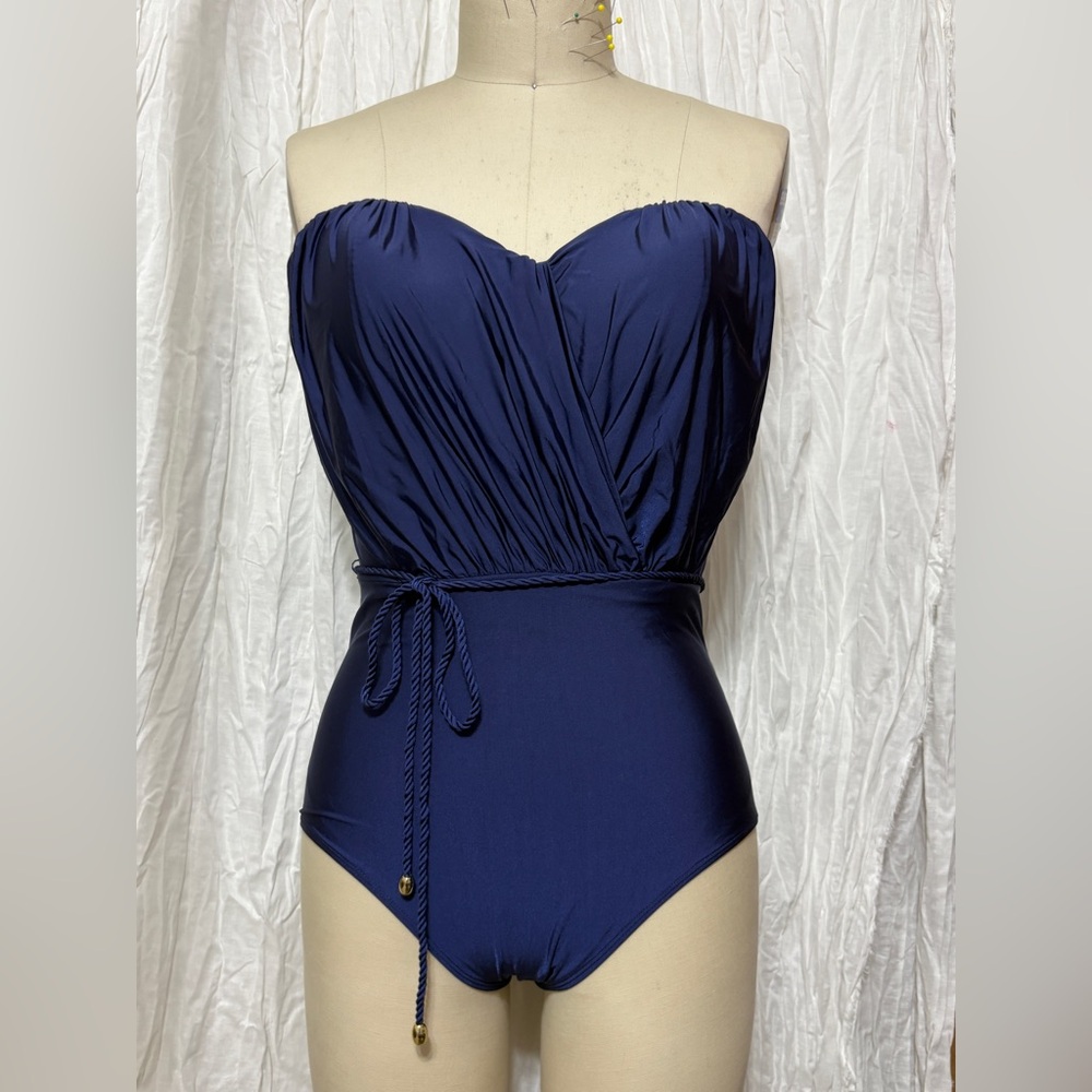 Panache 34E Navy Blue Draped Strapless Bra Women Swim One Piece